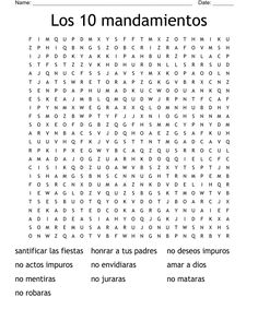 the spanish word search for los 10 mandiamentos is shown in black and white