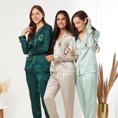 This Pajama Set is perfect for getting ready on your wedding day or for your bachelorette party. We can make the PJ in the following four styles. - Short Length Sleeves + Shorts - Short Sleeves + Pants - Long Sleeves + Shorts - Long Sleeves + Pants PERSONALIZATION: We offer 6 monogram options which include beautiful floral and leafy designs. You can add the print on light and dark color pajamas on either front pocket or back or even choose both! We recommend going for ONE letter initials followe Long Sleeve Satin Bedtime Sets, Satin Long Sleeve Bedtime Sets, Long Sleeve Satin Sets For Wedding Night, Satin Long Sleeve Sets For Wedding Night, Long Sleeve Sets For Bridesmaids, Green Satin Pajamas, Bride Pjs, Pjs Matching, Party Pajamas