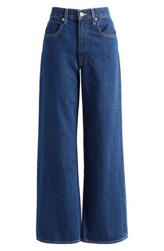 These wide-leg jeans are crafted from nonstretch, organic-cotton denim and finished in a classic blue wash for a look both fresh and timeless. 31" inseam; 21" leg opening; 11 1/2" front rise; 15 1/2" back rise (size Medium) Zip fly with button closure Five-pocket style 100% organic cotton Machine wash, tumble dry Made in the USA of imported fabric Cute Jeans For Women, Blue Pants Women, Pants To Buy, Jeans Png, Wide Denim Pants, Denim Wide Leg Pants, Female Jeans, Wide Leg Pants Jeans, Italian Summer Outfits