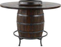 a wooden barrel table sitting on top of a metal stand