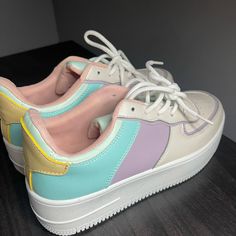 Super Cute Pastel Color Block Sneakers, Perfect Condition - Never Been Worn! Us Size 7 Pastel Color Block Outfit, Pastel Sneakers, Sayori Ddlc, Decora Fashion, Own Gg Dr, Color Core, Clown Core, Bulky Knit, Techwear Streetwear