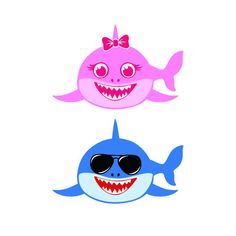 two cartoon sharks wearing sunglasses and one with a shark's head in the shape of a fish