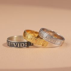 "Elegant Veni Vidi Vici stackable ring for girlfriend in 14K gold, Silver promise ring for girlfriend, Spiritual wedding band ring for mother Discover the epitome of sophistication and modernity with our wedding band ring.  Say \"yes\" to a lifetime of love with a ring that not only symbolizes your commitment but also showcases your impeccable taste. Our ring is a testament to your enduring love story. Elevate your style and celebrate your milestones with a statement that will be treasured for a lifetime. Don't miss this opportunity--add to cart now!   Also; - Finish: Oxidized - Polished - Gold Plated - Rose Gold Plated - Ring Diameter: 0,50 Cm - 0,19 Inch - Ring Size: 3 US to 13 US  * Silver Weight      : 4.00 Grams * 10K Gold Weight: 4.50 Grams * 14K Gold  Weight: 5.00 Grams * 18K Gold W Gold Engraved Ring For Valentine's Day Gift, Valentine's Day Engraved Sterling Silver Ring, Valentine's Day Yellow Gold Engraved Ring, Customizable Silver Engraved Ring For Valentine's Day, Personalized Engraved Silver Ring For Valentine's Day, Promise Rings For Girlfriend, Silver Promise Rings, Gold Plated Rings, Gold Plated Silver