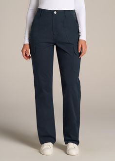 American-Tall-Women-Straight-Leg-Cargo-Chino-Navy-front Workwear Full-length Cargo Pants With Side Pockets, Work Pants With Cargo Pockets, Full-length Cargo Work Pants, Full Length Work Pants With Cargo Pockets, Utility Cargo Pants For Work, Fitted Cargo Pants With Cargo Pockets For Workwear, Utility Full-length Cargo Pants For Work, Workwear Chinos With Side Pockets, Workwear Full Length Chinos With Side Pockets