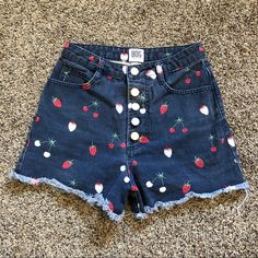 Super Cute Never Worn. No Flaws. Trendy High-waisted Shorts By Urban Outfitters, Fitted Strawberry Print Bottoms For Summer, Cute Short Red Bottoms, Summer Retro Cutoff Bottoms, Retro Cutoff Bottoms For Summer, Urban Outfitters High-waist Summer Shorts, Cute Short-length Red Bottoms, Urban Outfitters High-waisted Jean Shorts For Summer, Retro High Rise Summer Shorts