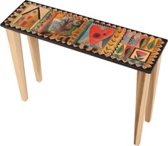 Sticks handmade console table with colorful life icons Hand Painted Abstract Furniture, Stenciled Console Table, Funky Painted Furniture Coffee Tables, 2nd Hand Furniture, Painted Tables, Sticks Furniture, Whimsical Painted Furniture, Accent Sofa, Contemporary Console Table