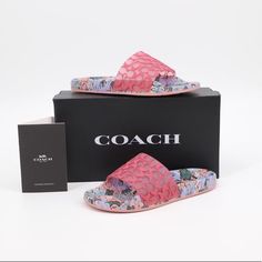 Coach Women's Udele Signature Slide Sandal - Color: Orchid - Brand New - Color: Orchid/Orchid - Slip On Slide Sandal - Signature C Printed Band - Floral Printed Food Bed - Molded Foot Bed For Comfort - Rubber Sole - Heel Height Approximately 1" Pink Flat Slides With Textured Footbed, Pink Flat Heel Slides For Summer, Pink Flat Slides With Removable Insole, Summer Slides With Branded Insole In Synthetic Material, Coach Casual Slip-on Sandals, Pink Spring Flip Flops With Textured Footbed, Coach Leather Sandals For Summer, Coach Pink Sandals For Beach, Coach Slide Sandals For Spring