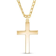 This bold men's necklace features a polished cross fashioned in 10K yellow gold. The pendant is suspended from a 24-inch curb chain that fastens with a lobster clasp. Mens Cross Necklace, Gold Stock, Jewelry Advice, Jared The Galleria Of Jewelry, Mens Crosses, Cross Chain, Diamond Guide, Men's Necklace, Chain Gold