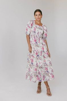 Maxi dress in multi color Tie Strap Dress, Embroidered Details, Floral Midi Dress, Strap Dress, Contrast Stitch, Waist Length, Floral Tie, Puff Sleeves, Smocking