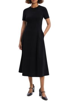 Go from the office to evening events with ease in this versatile A-line dress cast in a timeless hue. 49 1/2" length (size 8) Hidden back-zip closure Jewel neck Short sleeves Side-seam pockets Lined 70% triacetate, 30% polyester Dry clean Imported Tailored A-line Midi Dress For Work, Elegant A-line Dress With Side Zipper, Fit And Flare A-line Midi Dress For Work, Tailored A-line Midi Dress For Formal Occasions, Formal A-line Midi Dress With Flattering Silhouette, Black H-line Midi Dress For Formal Occasions, Tailored A-line Midi Dress For Evening, Elegant Short Sleeve Dresses With Pockets, Chic A-line Dress For Business Casual