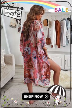 Pink Boho Floral Print Beach Cover Up Pink Kimono For Beach Cover-up During Beach Season, Pink Kimono For Beach Cover-up, Pink Long Sleeve Beach Cover-up, Summer Floral Print Cover-up For Day Out, Tropical V-neck Kimono For Summer, Pink Summer Cover-up For Day Out, Summer Pink Cover-up For Day Out, Pink Long Sleeve Cover-up For Vacation, Casual Pink Printed Cover-up