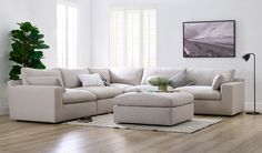 a living room with white walls and wooden floors is furnished with an l - shaped sectional sofa