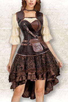 woman dressed in a steampunk pirate oufit, including a top, a corset and a skirt Steampunk Costume Ideas Women, Steampunk Corset Dress For Cosplay, Steampunk Corset Dress For Halloween Costume Party, Steampunk Corset Dress For Halloween, Gothic Fitted Cosplay Costume For Festival, Fitted Gothic Cosplay Costume For Festival, Renfaire Outfit Pirate, Vintage Corset Dress For Cosplay, Steampunk Costumes For Costume Party In Fall