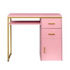 a pink desk with gold handles and drawers