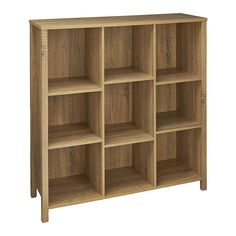 a wooden bookcase with six shelves on each side