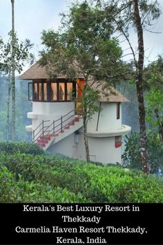 there is a building on top of the hill with trees and bushes around it that reads, kerala's best luxury resort in tikkady