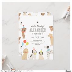 a birthday party card with dogs and balloons