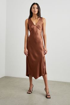 Classic v-neck slip dress in a gorgeous cedar color way. Shop the Monique dress at our Brooklyn location, Dress Silhouette, Mid Dresses, Mermaid Dresses, Asymmetrical Hem, New Arrival Dress, Model Dress, Asymmetric Hem, Outerwear Jackets, Denim Dress