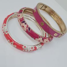 Vintage pink enamel clamper bracelet. Gold-tone metal with pink enamel cuff bracelet floral pattern. Bracelets size: 16.5 cm/7 inches. Bracelets diameter: 6 cm\2.4 inches. Mark- unsigned. Perfect vintage condition. Maybe you want to see other bracelets too: https://www.etsy.com/shop/VintageVoyageLT?ref=seller-platform-mcnav&section_id=32036696 You can write me a message if you have any questions. Glad you visited my store! Have a great time! Pink Metal Bangle Jewelry, Pink Metal Bangle Bracelet, Adjustable Pink Metal Bangle, Vintage Pink Metal Bracelets, Vintage Pink Bangle Jewelry, Pink Vintage Bangle Jewelry, Pink Bangle Jewelry For Spring, Rose Bracelet, Bracelets Gold