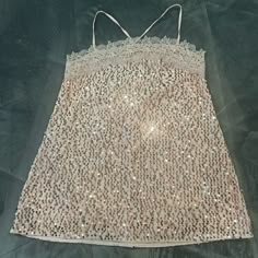 This Dress Is So Gorgeous! Its Sequins Are Gorgeous And Very Reflective! It Has A Beautiful Lace Hem On The Neckline And The Straps Are Very Comfortable And Silky. Birthday Sequin Dress, White Sequin Dress, Sparkly Dresses, Slip Mini Dress, Nye Dress, Vintage Mini Dresses, Mini Dress Pink, Sparkly Dress, Lace Hem