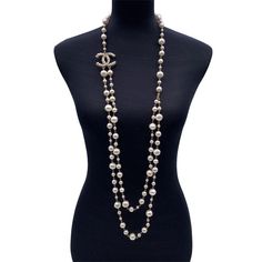 This is part of Chairish��’s Costume Jewelry assortment.  Long Light Gold Metal Double Strand Chain Necklace By Chanel.   It Features Artificial Pearl Beads In Different Sizes And Cc Logo Embellished With Small Artficial Pearls.   Lobster Closure.   'Chanel - A11 Cc A- Made In France Oval Tab On The Closure.   Necklace'S Lenght: 44 Inches - 111.8 Cm Condition A - Excellent Gently Used.   Chanel Dustbag:Included.   Please, Look Carefully At The Photos And Ask For Any Detail.   Details Material: Met Chanel Necklace, Chanel Pearls, Long Light, Gold Models, Faux Pearl Necklace, Vintage Cartier Bracelet, Cc Logo, Chain Pendants, Pearl Beads