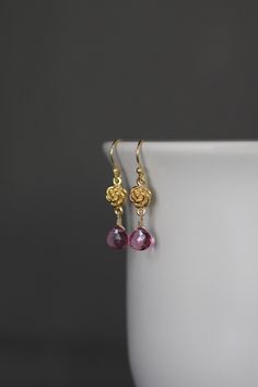 "Sweet faceted Hot Pink Quartz teardrops are wire wrapped with 14k gold filled wire onto 24k gold vermeil Rosebud links. These dangle from 18k gold vermeil balled earwires. Wear these sweet drop earrings everyday for a splash of color. Want these earrings with a different gemstone? Just send me a message! Gold vermeil links: 7x11mm Hot Pink Quartz teardrops: 7x7mm Total length of earrings: 1 1/4\" As the owner, maker, designer, and curator of this shop, I take great pride in providing you with j Pink 14k Gold Filled Dangle Jewelry, Pink Gemstone Teardrop Earrings, Pink Drop Earrings With Gemstone Accents, Pink And Gold Earrings, Pink Wire Wrapped 14k Gold-filled Jewelry, Gold Flower Earrings, Handmade Pink 14k Gold-filled Earrings, Gemstone Earrings Gold, Westlake Village