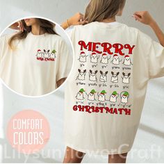 Math Teacher Christmas Shirt, Merry Christmath Shirt, Funny Math Teacher Shirt, Cute Xmas Teacher Tee, Funny Math Problems Christmas Shirt 👉 DISCLAIMER - Colors in listings may slightly vary depending on what device you are using - Prints may appear smaller depending on the shirt size ordered 👉 PRODUCT DETAILS: Comfort Colors introduces the "Comfort Colors 1717" Garment-Dyed Tshirt - 100% ring-spun cotton - Medium fabric (6.1 oz/yd² (206.8 g/m - Relaxed fit - Sewn-in twill label 👉 NOTE SOMETHING - Please check the size chart and color's table carefully before ordering. - We can customize the item with any your items, if you want to change or make new design, please note in the Personalized box for us. 👉 CARE INSTRUCTIONS - To maintain the quality of your shirt, we recommend following t White Casual Christmas Shirt, Christmas White Tops With Funny Print, White Top With Funny Christmas Print, White Christmas Tops With Funny Print, White Christmas Top With Funny Print, White Short Sleeve Christmas Top, White Short Sleeve Top For Christmas, White Christmas Shirt With Letter Print, White Christmas Letter Print Shirt