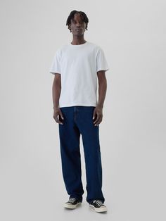 Fit: Extra roomy through the hip & thigh.  Made with a baggy, slightly tapered leg that stacks at your shoes.  Fabric: 13 oz 369 g) rigid denim.  Stretch: No Stretch.  Authentic rigid denim that gets better with every wear.  Made to wear all day & break in over time.  Look: A classic five-pocket jean in a dark wash.  Details: Zip fly & five-pocket styling.  Responsibly Made: This pair of jeans is part of our water-saving Washwell program.  Compared to conventional wash methods, Washwell has save Cheap Relaxed Fit Straight Chinos, Cheap Relaxed Fit Chinos, Gap Relaxed Fit Full-length Pants, Gap Relaxed Fit Full Length Pants, Gap Full Length Relaxed Fit Pants, Gap Cotton Bottoms With Straight Hem, Gap Straight Hem Bottoms For Everyday, Gap Cotton Everyday Pants, Everyday Cotton Pants By Gap