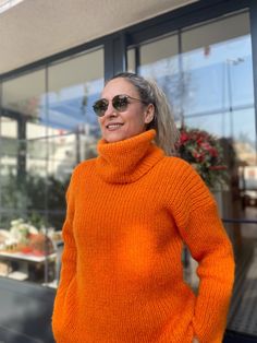 Turtleneck Sweater Mohair Orange Hand Knit Wool Turtle Neck - Etsy Fall Acrylic Knitting Pattern, Casual Mohair Tops For Fall, Casual Mohair Sweater For Winter, Knitted Alpaca Sweater, Casual Hand Knitted Sweater For Cold Weather, Merino Wool Knitting Pattern For Fall, Casual Hand Knitted Knitting Pattern, Fitted Soft Knit Winter Knitting Pattern, Fitted Mohair Sweater For Fall