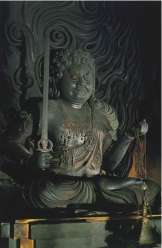 Acala; Fudo Myoo 朧月象ヲ也 Oboro Tsukiyou o Nari Japanese Buddha, Buddhist Artwork, Japanese Buddhism, Buddhist Statue, Asian Sculptures, Statue Tattoo, Spiritual Images, Buddha Sculpture