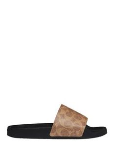 Complete with a sporty silhouette, these slide sandals are printed with a stylized COACH 'C' logo. | COACH Women's Udele Sport Slide Sandals, Tan, 9M Casual Open Toe Slides With Logo Print, Summer Open Toe Sandals With Logo Print, Black Slides With Logo, Casual Black Slides With Logo, Black Logo Slides, Flat Sandals With Logo For Summer, Summer Flat Sandals With Logo, Logo Print Slip-on Sandals For Summer, Summer Slide Sandals With Logo Print