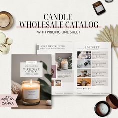 candle, candles and other items on display with the words candle wholesale catalog written below