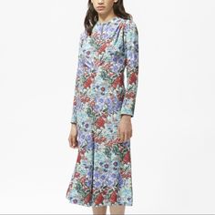 Brand New With Tag. Garden Midi Dress In Blue Flower Printed Viscose 100% Viscose Silk Long Sleeve Midi Dress For Garden Party, Silk Long Sleeve Dress For Garden Party, Blue Silk Dress For Garden Party, Silk Blue Dress For Garden Party, Blue Long Sleeve Floral Dress For Garden Party, Garden Dress, Floral Color, Dress Floral, Blue Flower