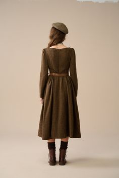 Classic Beige Midi Dress For Fall, Classic Beige Winter Dresses, Wool Long Sleeve Midi Dress For Fall, Fall Long Sleeve Wool Midi Dress, Wool Midi Dress With Long Sleeves For Fall, Fall Wool Midi Dress With Long Sleeves, Fall A-line Tweed Dress, Classic Wool A-line Dress, Formal Beige Midi Dress For Winter