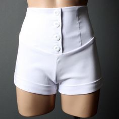 Material: 75% Rayon 21% Nylon 4% Spandex Dimensions: Size S: Total Length: 12.5" Rise: 11.5" Waist 24" Classic Stretch Bottoms With Button Closure, Classic Summer Shorts With Button Closure, High-waisted Solid Shorts With Buttons, Solid High-waisted Buttoned Shorts, Solid Color Buttoned High-waisted Shorts, Solid Color High-waisted Shorts With Buttons, Fitted Bottoms With Button Closure And Short Inseam, Fitted Solid Bottoms With Button Closure, Fitted Classic Shorts For Workwear