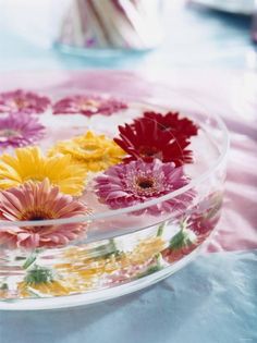 colorful flowers floating in a bowl on a table