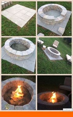 several pictures of an outdoor fire pit in the grass