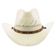 Soft touch construction; 100% shantung straw; 4 1/4" vented crown; 3 1/2" flared brim; Leather hat band; Adjustable chin cord; Cotton sweatband, unlined White Adjustable Sun Hat, White Fitted Country Straw Hat, White Fitted Country Style Straw Hat, White Straw Hat Bands For Ranch, Cream Straw Hat With Curved Brim For Country Events, White Toquilla Straw Hat Bands For Western-themed Events, White Toquilla Straw Hat For Country Events, White Toquilla Straw Hat For Western-themed Events, Fitted Cream Panama Hat In Western Style