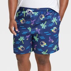 From laps in the backyard pool to lounging at the beach, enjoy sunny escapades in these Waterloo Flamingo Swim Shorts from Goodfellow & Co™. Tailored in a regular silhouette, these swim shorts are crafted from lightweight fabric with built-in briefs to offer you comfy, confident wear in or out of the water. The swim trunks feature a full-elastic waistband with adjustable drawstring closure that helps you find the best fit, along with side pockets so you can keep small essentials on hand. Boastin Blue Beachwear Bottoms For Summer Activities, Blue Bottoms For Beachwear In Summer, Short Bottoms For Summer Beach Activities, Playful Bottoms With Elastic Waistband For Pool, Short Swimwear For Spring Leisure, Casual Relaxed Fit Swim Trunks For Pool, Blue Swim Trunks For Summer Activities, Playful Vacation Swim Trunks With Elastic Waistband, Casual Short Swim Trunks For Summer Activities