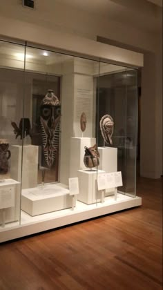 an exhibit case with two masks and other items in glass cases on wooden flooring