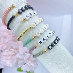 Personalized Beaded Name Bracelet Custom Beaded Word | Etsy Word Beaded Bracelets, Name Bracelet Gold, Mama Bracelet, Word Bracelet, Beads Bracelets, Mama Gifts, Handmade Jewelry Diy, Name Bracelet, Cute Bracelets