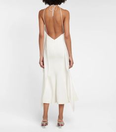 Halterneck Midi Dress in White - David Koma | Mytheresa Elegant Halter Dress With Tie Back For Gala, Backless Halter Dress For Spring Formal, Spring Formal Backless Halter Dress, Evening Halter Neck Dress With Tie Back, Halter Neck Tie-back Evening Dress, Elegant Silk Halter Dress For Spring, Halter Neck Tie Back Dress For Evening, Elegant Halter Dress With Tie Back For Cocktail, Elegant Cocktail Halter Dress With Tie Back