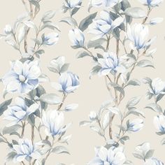 a floral wallpaper with blue and white flowers