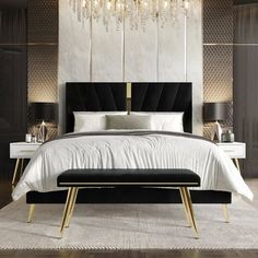 a modern bedroom with black and white decor