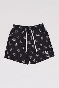 No Problemo Taco Walk Shorts – Pyknic Summer Cotton Bottoms With All Over Print, Casual All Over Print Bottoms For Summer, Black Relaxed Fit Swim Trunks For Summer, Fun Summer Shorts With Elastic Waistband, Graphic Print Cotton Summer Bottoms, Fun Relaxed Fit Shorts, Relaxed Fit Bottoms With Graphic Print For Vacation, Black Cotton Swim Trunks For Vacation, Relaxed Fit Graphic Print Bottoms For Vacation