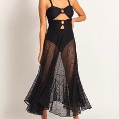 Black Patbo Dress Super Stylish See Through Skirt Black Beachwear Maxi Dress For Party, Black Beachwear Midi Dress For Vacation, Elegant Beach Dress With Cutout Details, Elegant Beach Dress With Cutout, Black Maxi Beachwear Dress, Women Long Gown, Lace Beach Dress, Tropical Dress, Lace Bustier