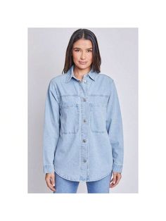 Layering a look has never been easier with our Women's Oversized Shacket with Front Patch Pockets! Made with a soft denim fabric and designed with an oversized fit-silhouette. Featuring two large front pockets, a button-up front, contrast stitching, and a curved hem. Wear this under a basic tee, or wear on its own as a denim shirt. Size up for a more oversized fit.

PRODUCT DETAILS
- Oversized Fit
- Button Closure
- 2 Front Pockets

SIZE & FIT (based on size M)
- Sleeve Length: 24.5"
- Length: 2 Oversized Denim Jacket With Button Closure For Everyday, Light Wash Collared Denim Jacket With Pockets, Oversized Denim Jacket With Patch Pockets For Everyday, Everyday Medium Wash Shacket For Fall, Everyday Medium Wash Fall Shacket, Everyday Light Wash Denim Jacket With Buttoned Pockets, Oversized Denim Jacket With Buttoned Pockets For Everyday, Washed Blue Button-up Denim Top With Pockets, Oversized Denim Outerwear With Buttoned Pockets