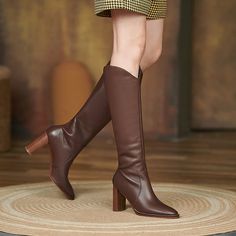 Looking for a stylish and comfortable pair of brown leather boots? Look no further than our knee-high block heel boots! Made from premium quality leather. these boots are perfect for stylish women who want to add a touch of chic to their outfit.  Upper: 100% Leather ... Leather Knee-length Platform Boots For Fall, Knee-length Leather Platform Boots For Fall, Brown Faux Leather Knee-high Boots For Winter, Trendy Leather Knee-high Boots, Elegant Brown Knee-length Boots, Elegant Knee-length Brown Boots, Winter Knee-high Brown Platform Boots, Brown Wide Calf Knee-high Boots, Winter Brown Knee-high Platform Boots