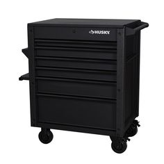 the husky tool cabinet is black and has five drawers on each side, with one drawer open