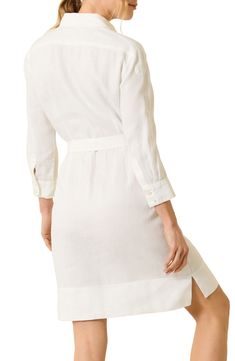 A hidden-button half placket subtly elevates this breezy linen shirtdress featuring a removable tie belt and roll-tab cuffs for easy adjustments all day long. 38" length Hidden-button half placket Spread collar Three-quarter sleeves with roll-tab cuffs Chest patch pockets Removable tie belt Side slits Unlined 100% linen Machine wash, line dry Imported Elegant Summer Shirt Dress With Rolled Sleeves, Chic Collared Linen Dress For Daywear, Elegant Button-up Shirt Dress With Rolled Sleeves, Elegant Vacation Shirt Dress With Button Closure, Elegant Summer Shirt Dress With Button Cuffs, Chic Collared Linen Dress, Chic Shirt Dress With Roll-up Sleeves And Spread Collar, Elegant Shirt Dress With Roll-up Sleeves For Daywear, Elegant Shirt Dress With Rolled Sleeves For Daywear